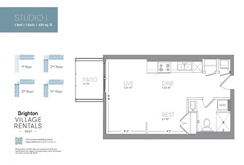 Floor plan for 1 bed, 1 bath, 433 sqft